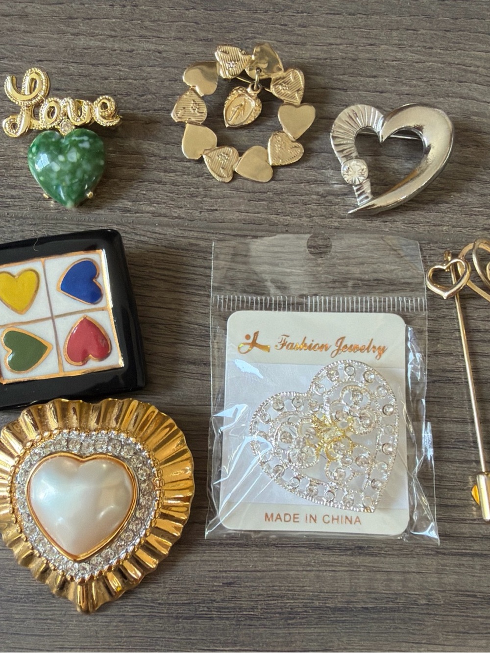 8 piece Heart Pins Gold Heart Brooch - Gold and White Heart Accent, Some Vintage